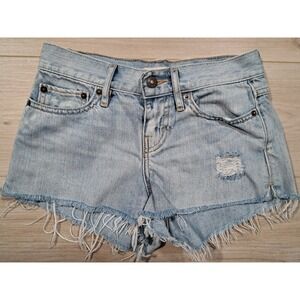 TNA Aritzia Denim Shorts Light Wash Distressed Raw Hem High Rise Size 24‎